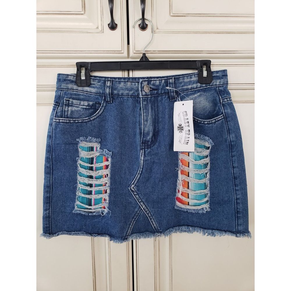 crazy train denim skirt mini‎ distressed southwest western